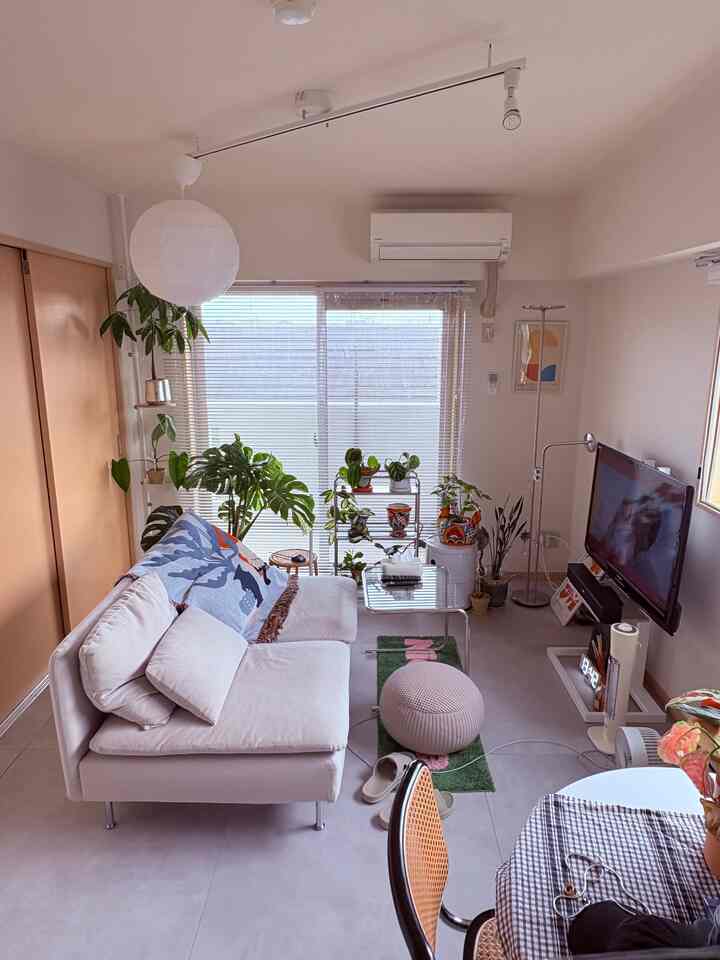 ベージュ調の1LDKリビング、中央にソファと多様な植物が配置された雰囲気のある空間