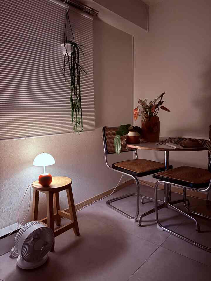 A white-walled studio apartment featuring light brown wooden furniture, indirect lighting, and plants in a harmonious mid-century modern style