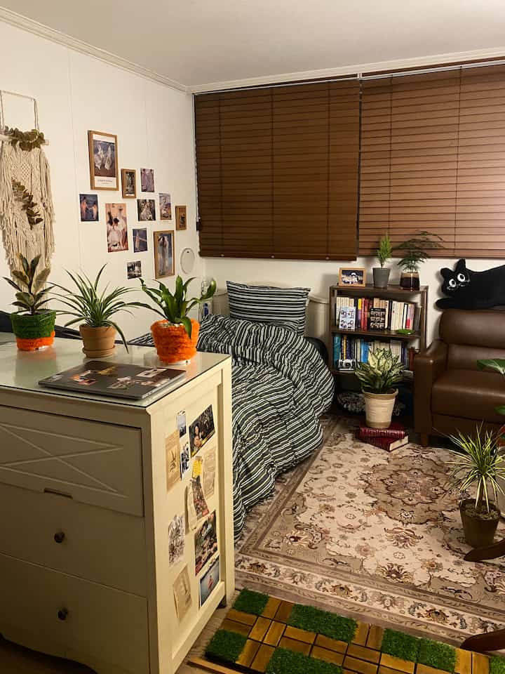 ウッドトーンとブラウンが調和した寝室、ペルシャ絨毯と植物が配置された居心地の良い一人暮らしの空間