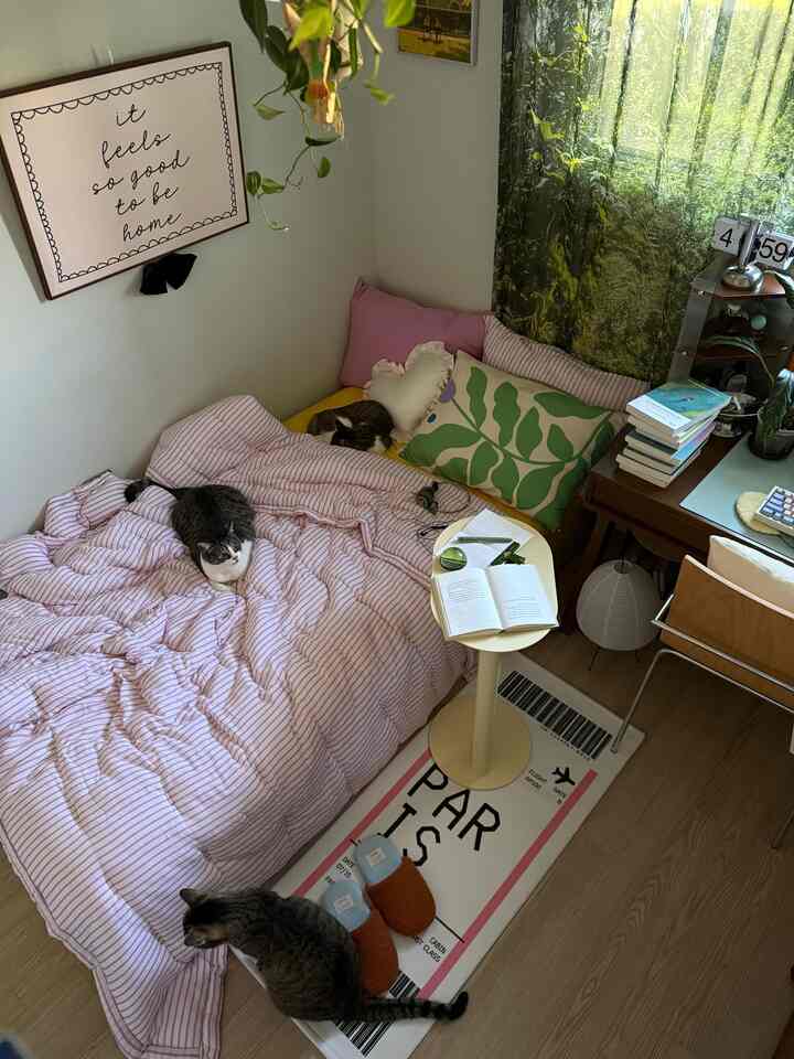 ピンクの寝具と緑の森の柄のカーテンがある小さな寝室、3匹の猫、机、サイドテーブルが居心地の良い雰囲気を作る
