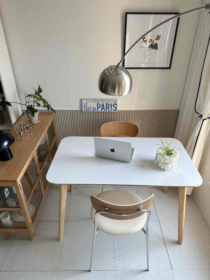 White and wood-tone home office combined with home cafe, featuring clean and minimal decor