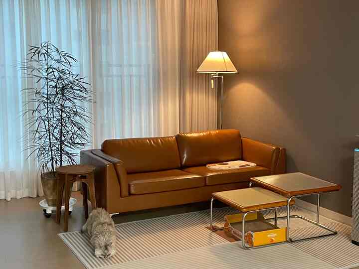 暖かいブラウンとオレンジのトーンのリビング、レザーソファと木製テーブル、フロアランプが配置された自然な雰囲気のあるインテリア