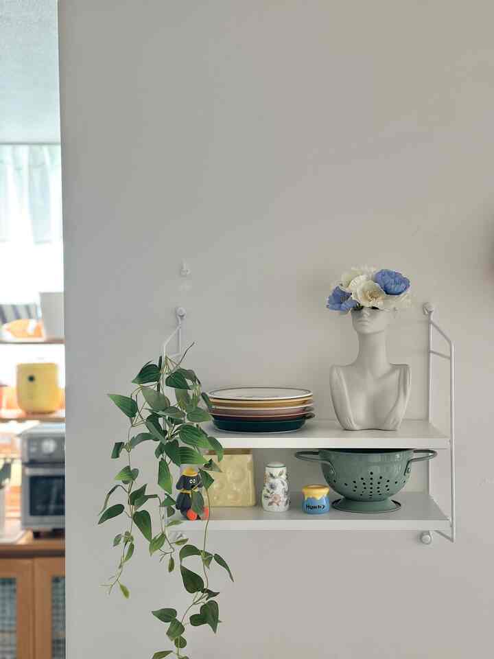 White wall and shelf in kitchen wall space featuring vintage objets and green plant for emotional minimalist interior