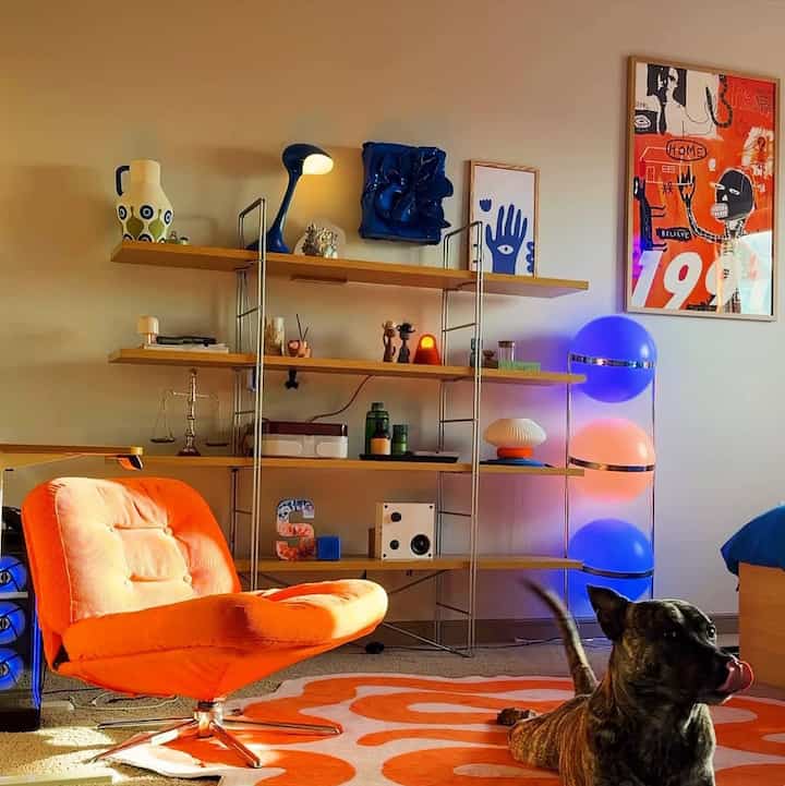 Orange and blue toned living room featuring a vintage armchair, large wall art, and a dog, creating a cozy atmosphere
