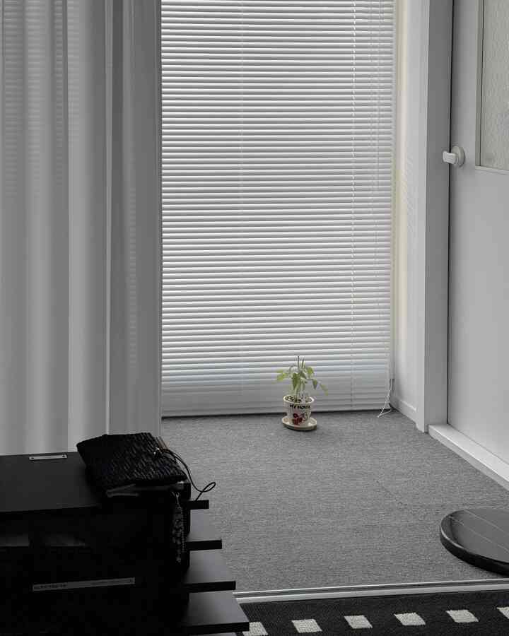 白とグレーのトーンの小さなバルコニー空間、中央に小さな鉢植えと白いブラインドが配置された清潔感のあるインテリア