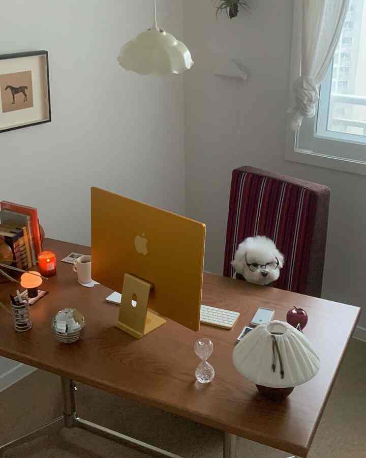 白を基調としたホームオフィス空間。木製デスクにゴールドのiMacと眼鏡をかけた犬が椅子に座っている印象的なインテリア。