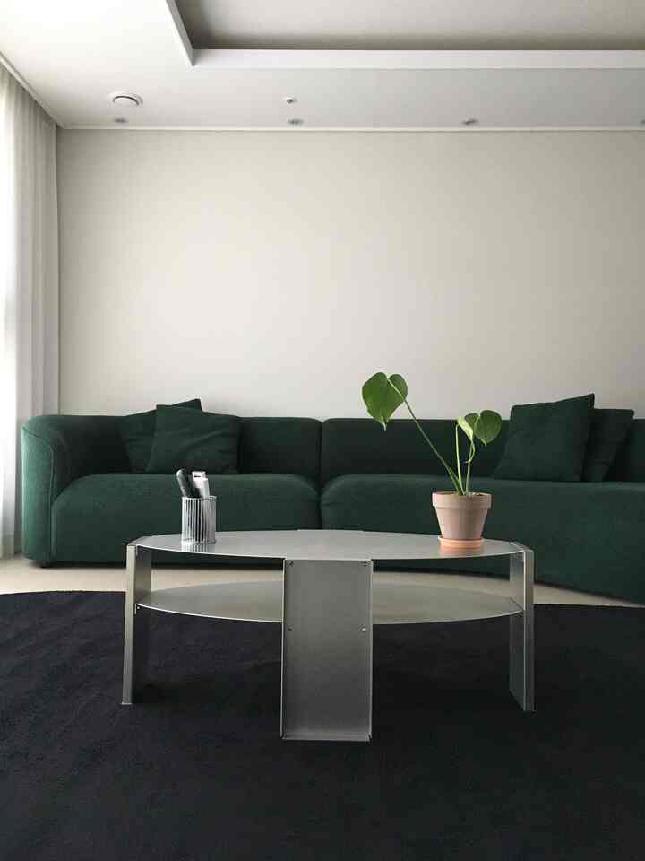 Natural-toned living room featuring a dark green sectional sofa and silver metal coffee table in a simple, understated setting