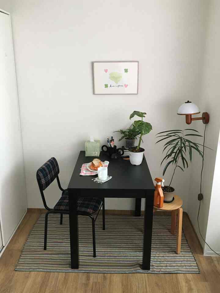 ナチュラルカラーの小さな部屋、黒いダイニングテーブルと柄のチェア、植物と壁掛けランプが調和した印象的な空間