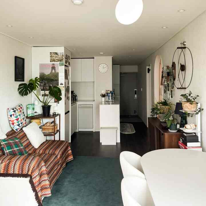 白い壁とナチュラルな家具が配されたリビング、ソファやダイニングテーブル、多様な植物が置かれた雰囲気のある空間