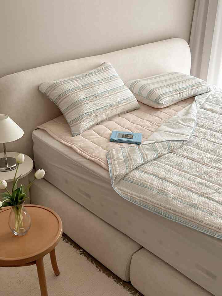This year, summer came very early and is really long :)
So I started summer early with She's Home bedding!

It's breathable with seersucker duralon fabric
It's thin, but with 3oz filling, it's a great thickness to cover you from now until summer 💗
My husband said it's light and cool, so it's really good... 🥹

The design and colors are warm and cool, so I'm very satisfied

#She's Home #침실스타일링 #집꾸미기 #홈스타일링
#Home Instagram #시어서커이불 #듀라론소재 #여름침구
#Newlywed Bedding #신혼집인테리어