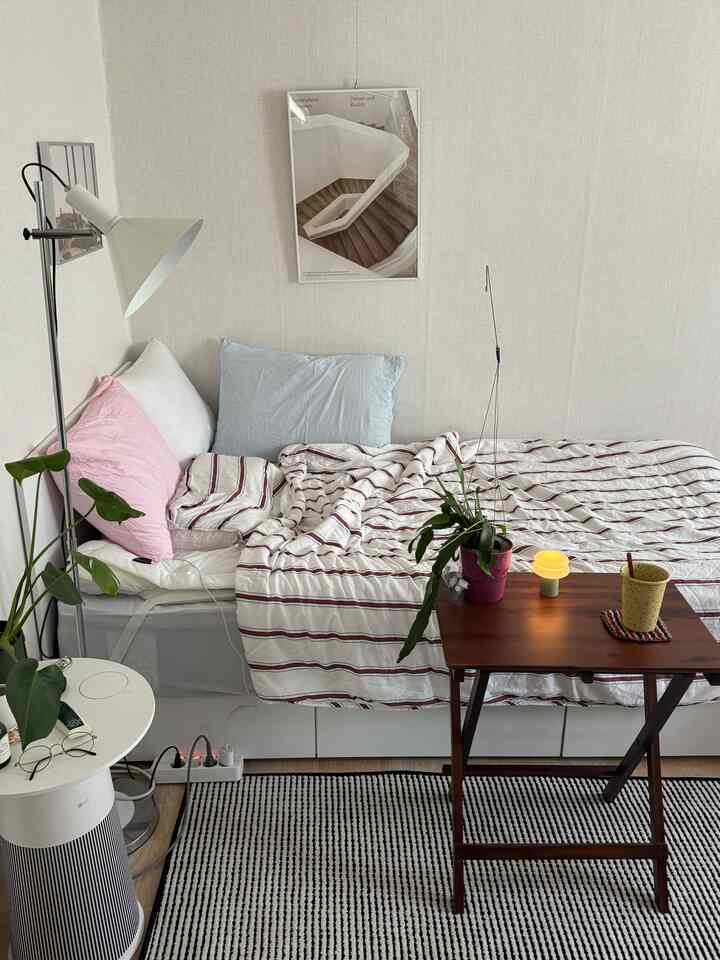 Natural bedroom in white and brown tones, featuring a neat bed and plants creating cozy atmosphere