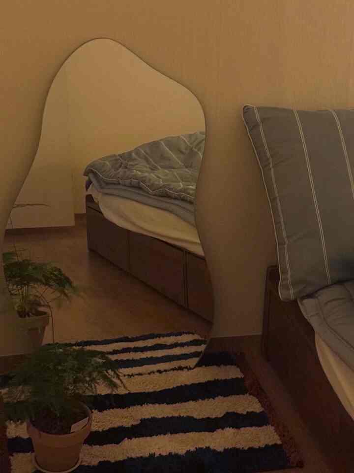 ナチュラルカラーの6畳寝室、大きな不規則形の鏡、ベッドフレーム、ストライプのラグと観葉植物が配置された印象的な空間