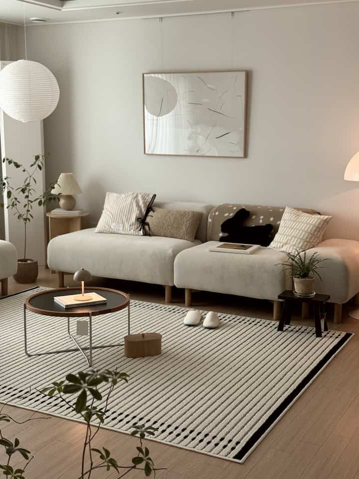 A soft white and beige living room featuring ivory sofas, a round coffee table, and a sisal-look patterned rug in a natural setting