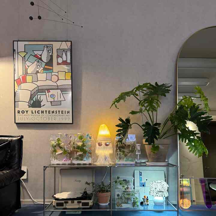 グレーの壁にモダンな黒いソファが配置され、植物と個性的なオブジェが並んだ暖かみのあるプランテリアのリビングスペース