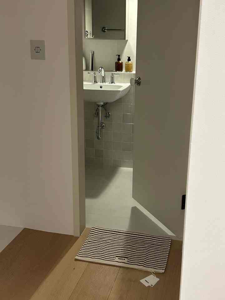 白と木目調が調和したバスルームの入口、洗面台とバスマットが配置された清潔感のある空間