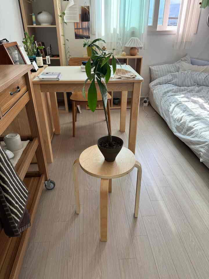 ナチュラルな色調の一人暮らしの寝室とホームオフィス、シンプルでコンパクトな空間にデスクやベッド、木製家具が配置されている