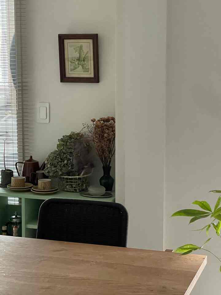 Natural-toned dining area featuring a wooden table, armchair, and plants with cozy kitchen atmosphere