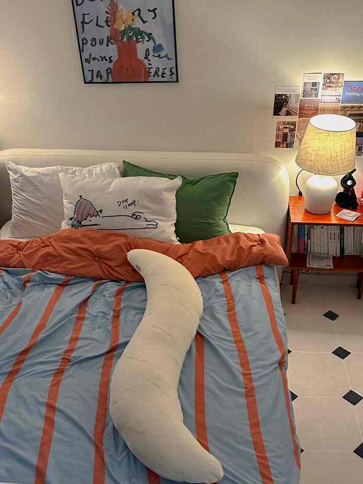 Bedroom with warm orange and pastel blue bedding, featuring a central S-shaped body pillow and comfortable pillows creating a cozy atmosphere