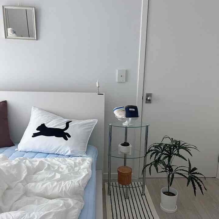 ホワイトトーンの寝室、猫のモチーフクッションと植物が配置されたシンプルでナチュラルなインテリア