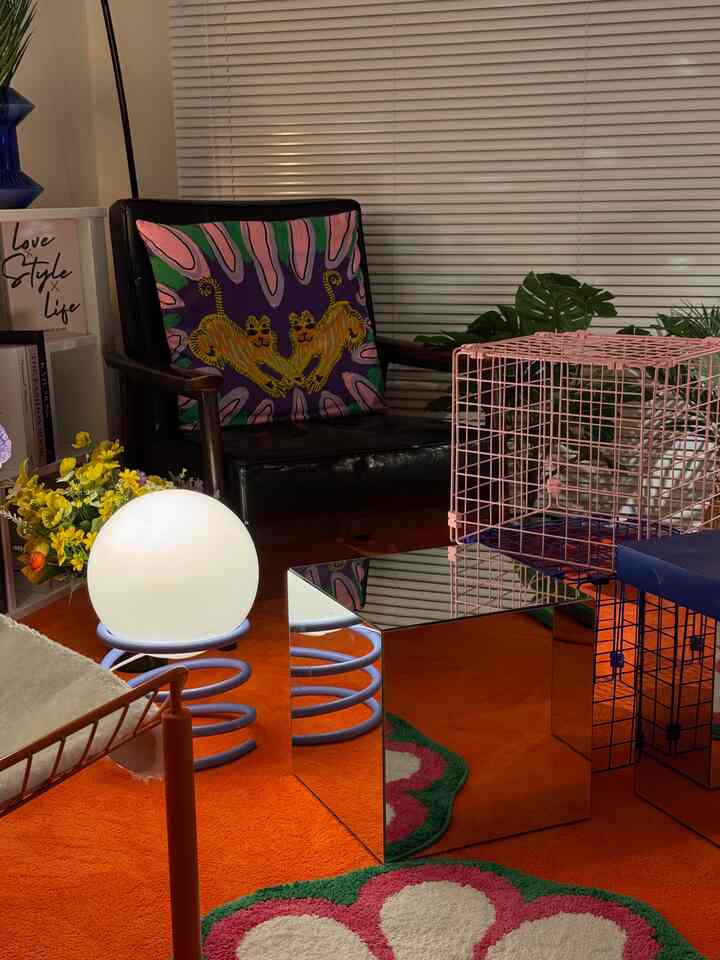 Cozy indoor space featuring an orange rug, black armchair with colorful cushion, and a pink cage