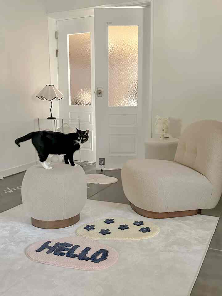 A living room in white and natural tones featuring a soft armchair and ottoman with a cat standing on the ottoman creating a cozy atmosphere