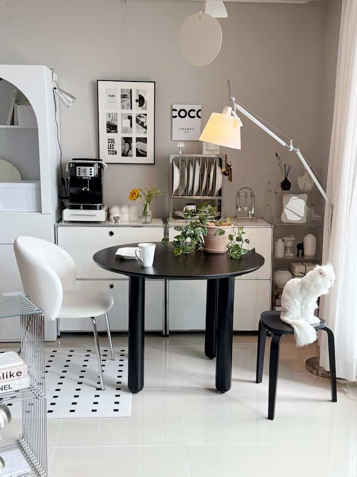 Modern black and white toned dining room featuring a central black dining table, a white chair, and a cat sitting on a stool on the right, creating a cozy atmosphere
