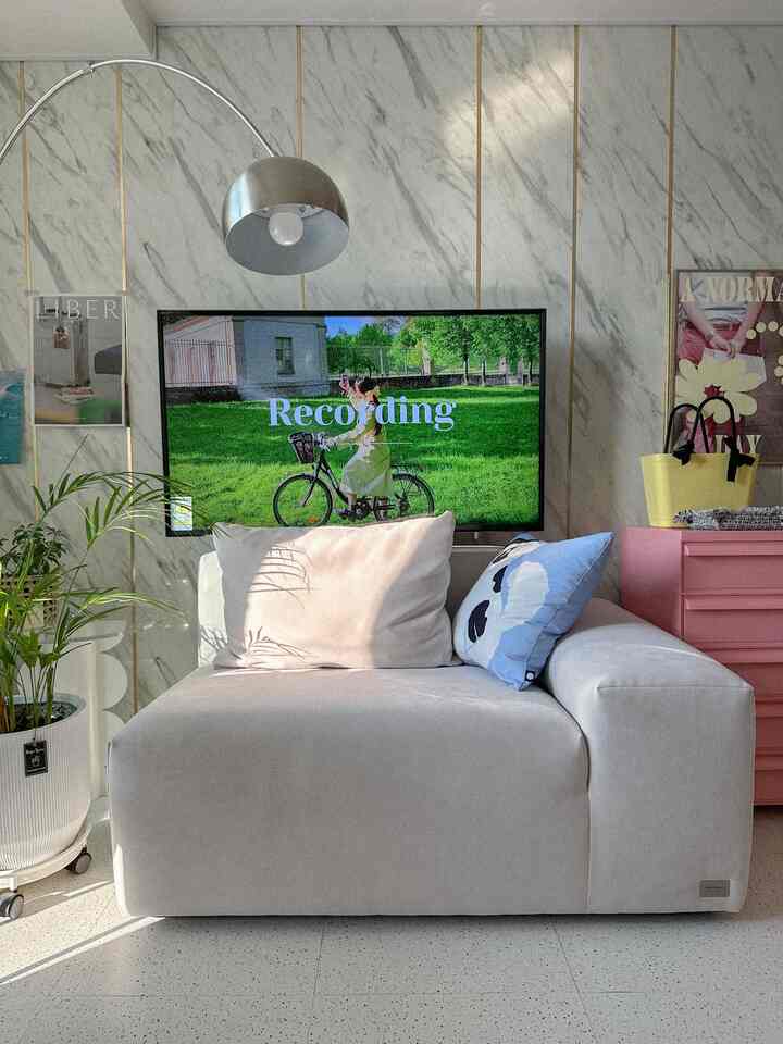 White and pink toned living room featuring modern sofa, floor lamp, TV, cushions, and plant in a clean layout
