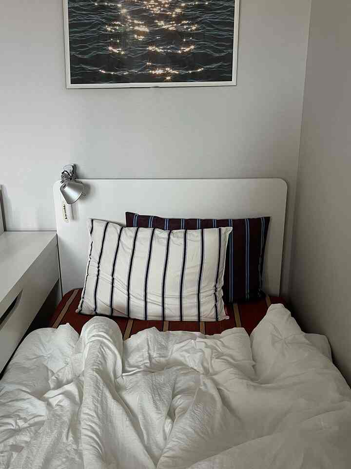 White-toned bedroom featuring a white bed frame and navy striped pillows in a cozy studio apartment space