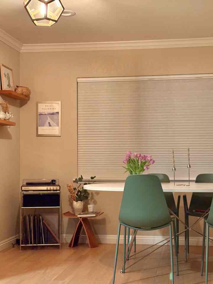 Beige-toned dining room featuring a white dining table and green dining chairs with a cozy atmosphere