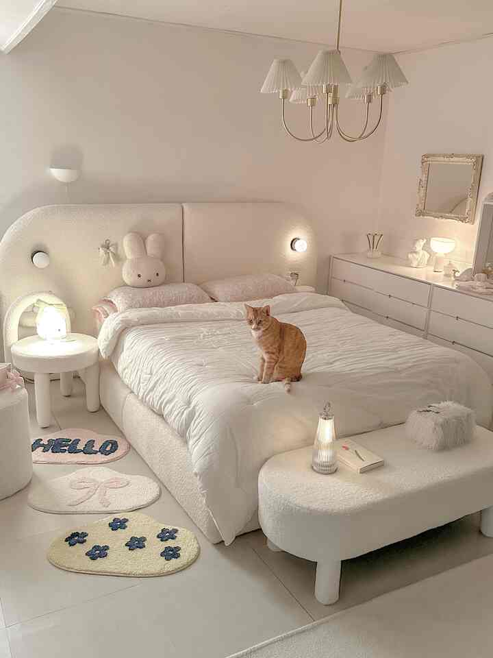 Warm white-toned bedroom featuring a cozy plush bed with a cat, creating a serene and inviting atmosphere