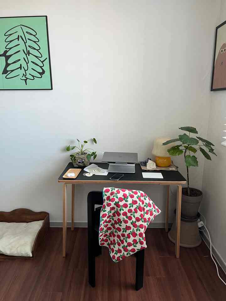 I put a black leather mat on the table
and changed the mood to a little more calm.

If it's too black, it's not fun,
so I added a cute tomato blanket

#Room decoration #방인테리어 #데스크테리어족 #데스크테리어 #콘수프기록 #우드인테리어 #우드스타일링 #서재