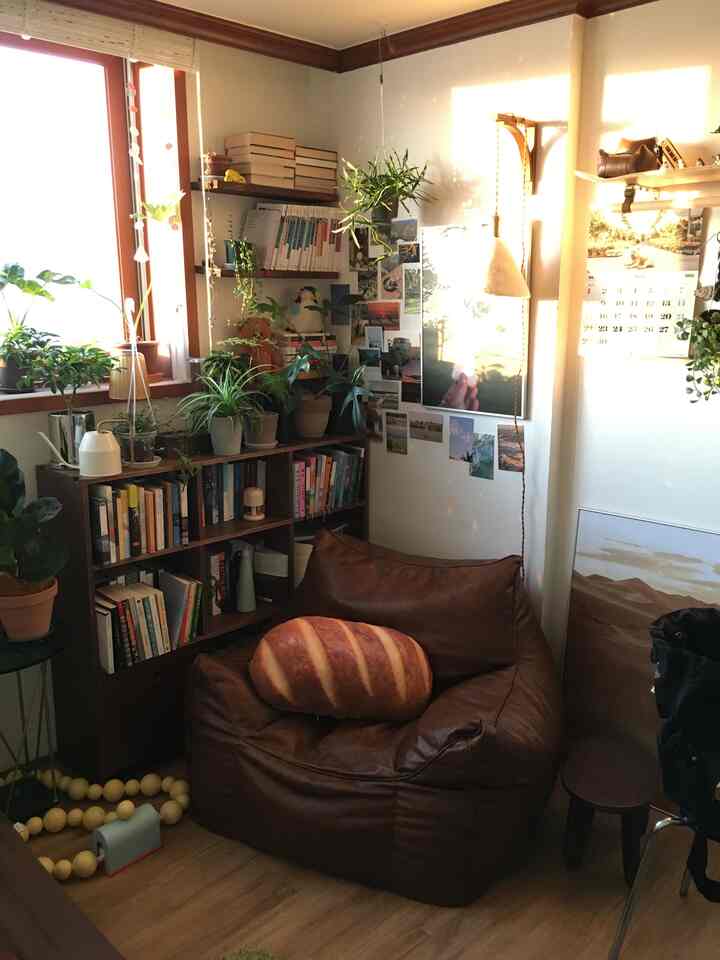 暖かいウッドトーンと植物が調和する小さなリビング、ビーンバッグソファと本棚が落ち着いた雰囲気を演出しています。