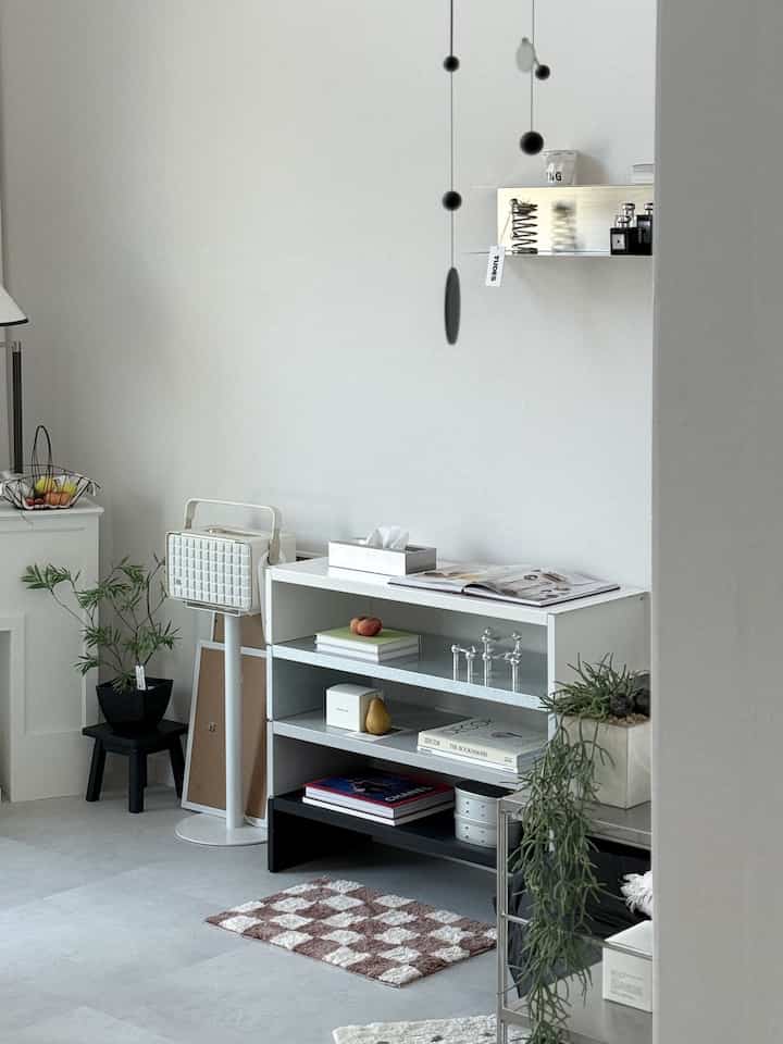 White and black toned living room featuring rare raw shelving with various objets arranged on mid-right, modern mid-century style vibe