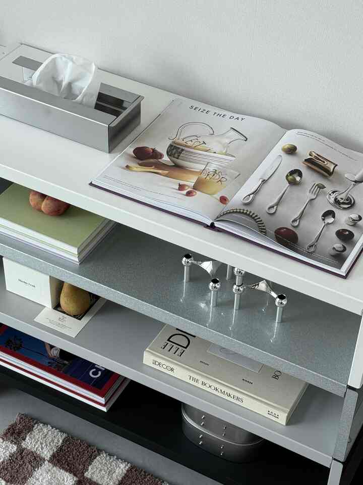 Modern clean space featuring white-toned shelves holding books, magazines, and a stainless steel tissue box