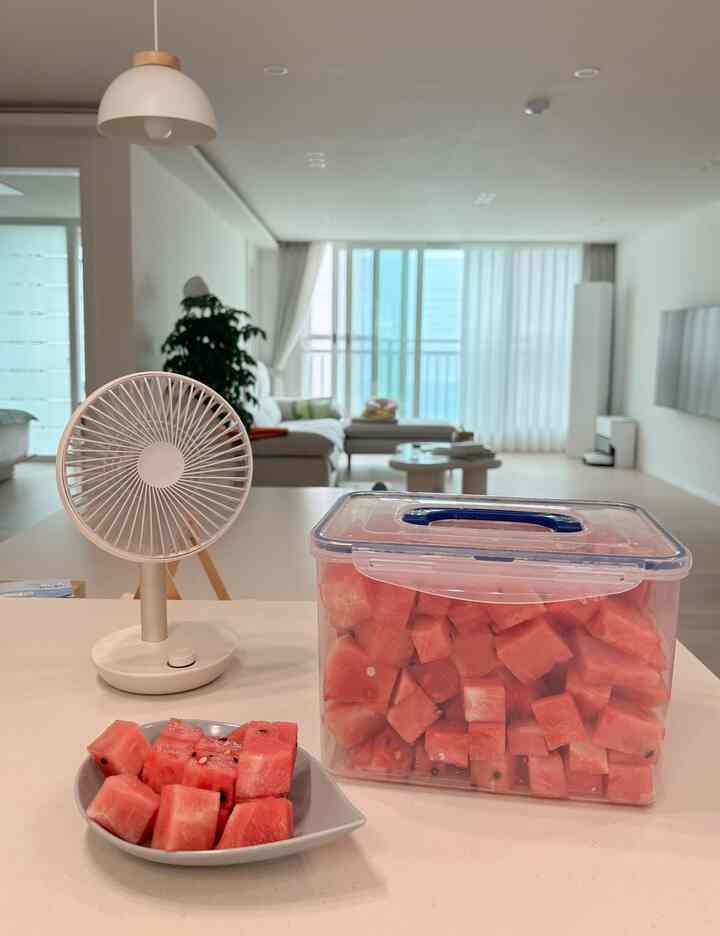 明るくナチュラルな色調のリビングとキッチン空間、手前に透明な保存容器とグレーの皿に盛られたスイカの角切りが置かれた涼しげな夏の雰囲気のインテリア