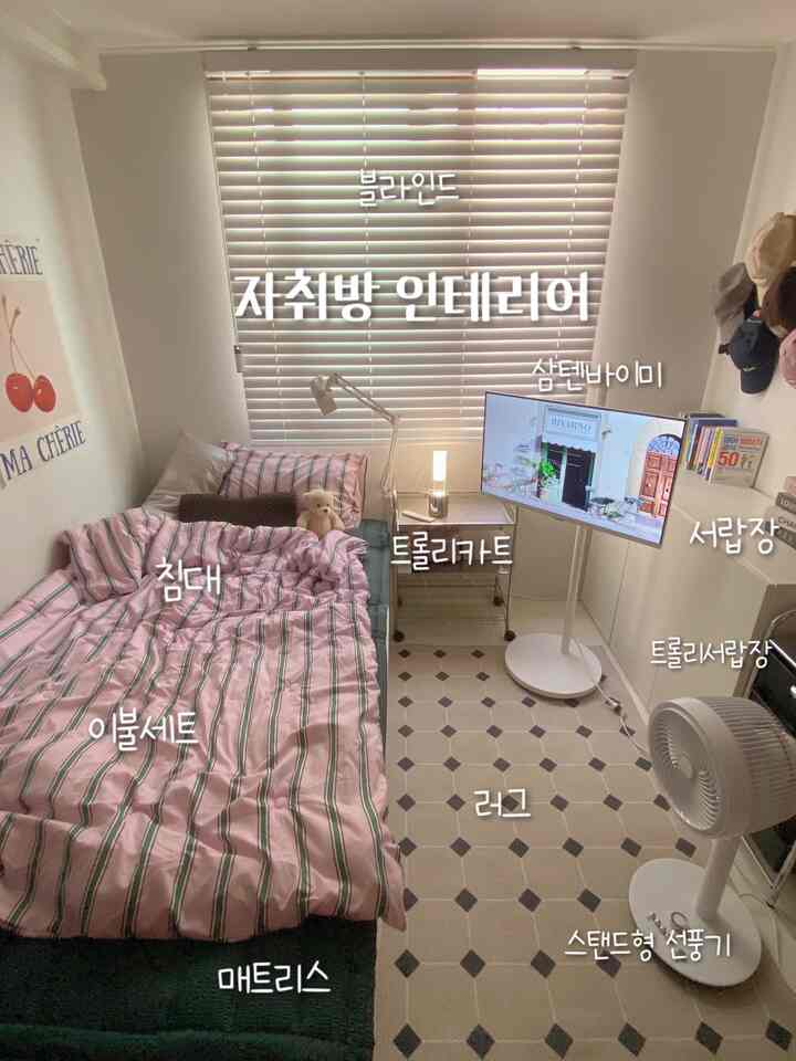 ホワイトとピンクの色調の一人暮らし用寝室、ベッドや寝具セット、ラグ、ブラインドが配置された雰囲気のある空間