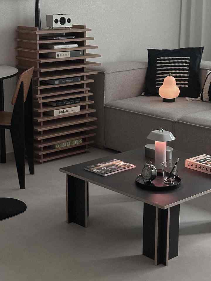 Gray and wood-tone Nordic living room featuring fabric sofa and black coffee table with a simple and natural atmosphere