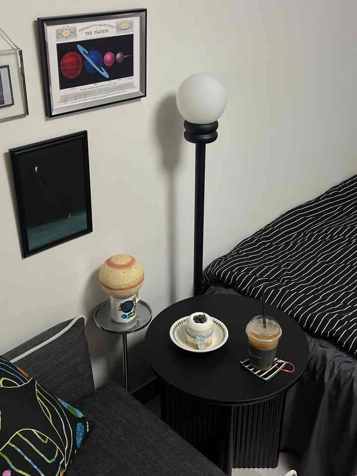 Modern and compact living room with black and white tones featuring a bed and side tables