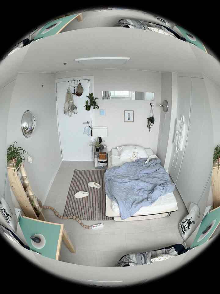 白とグレーのトーンの小さな寝室、ベッドと小型ナイトテーブル、自然の植物が配置され、居心地の良いナチュラルでコンパクトなインテリア