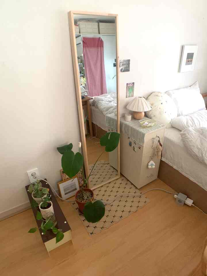 木目調と白を基調としたワンルームの寝室、全身鏡と観葉植物が配置された落ち着いた空間