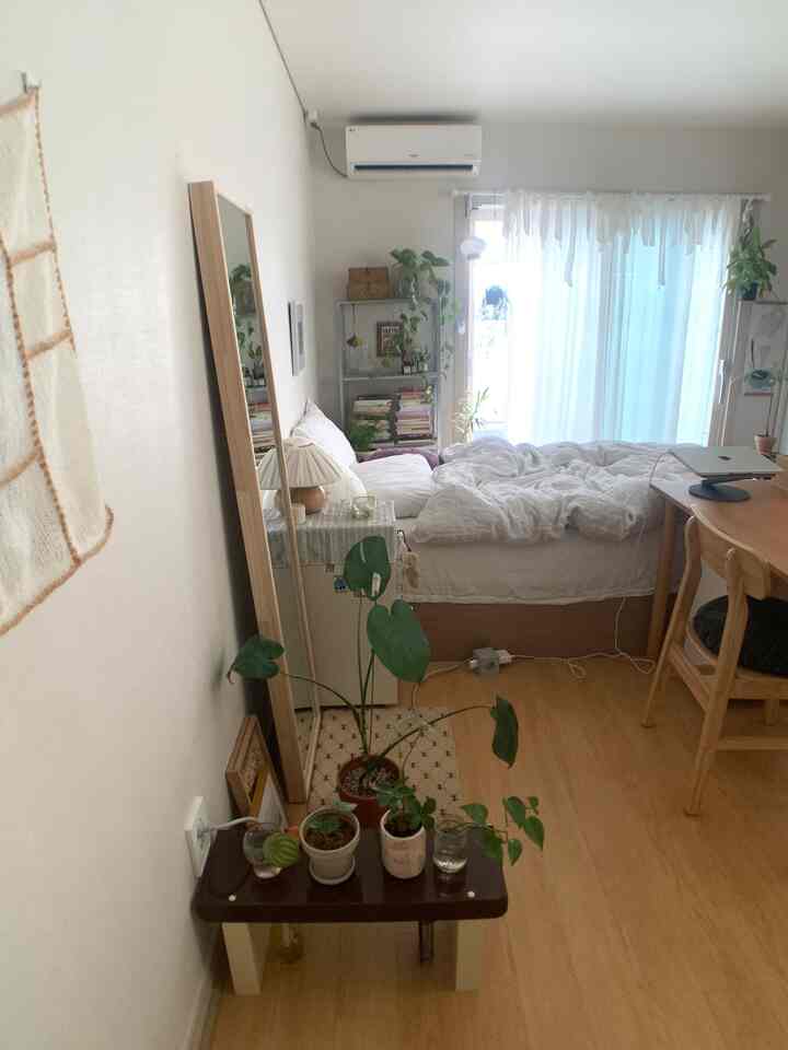 明るい木目調の床と白い寝具があるコンパクトなワンルームの寝室で、デスクや棚、植物が調和したナチュラルでシンプルなインテリア