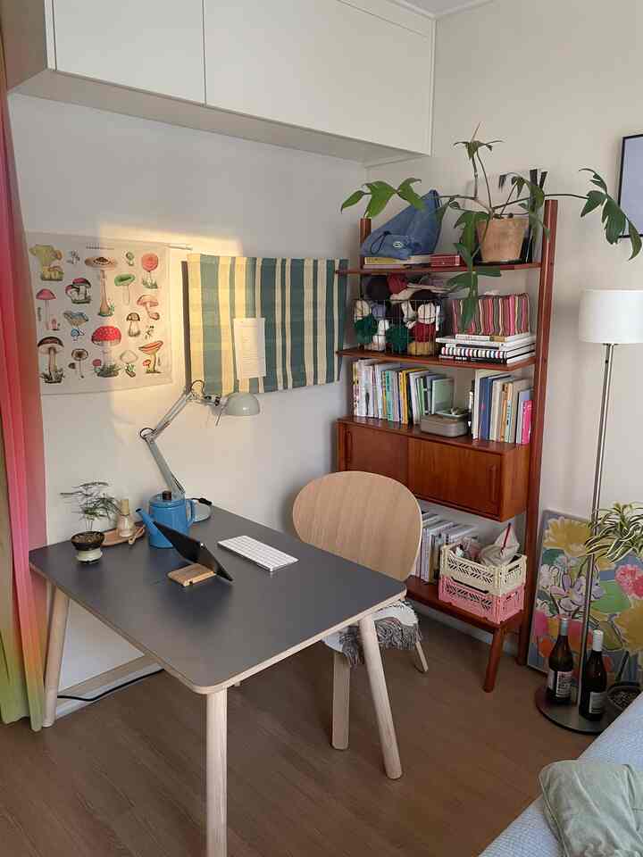 A vintage-inspired studio apartment home office featuring natural wood tones, white walls, a desk, bookshelf, and plants