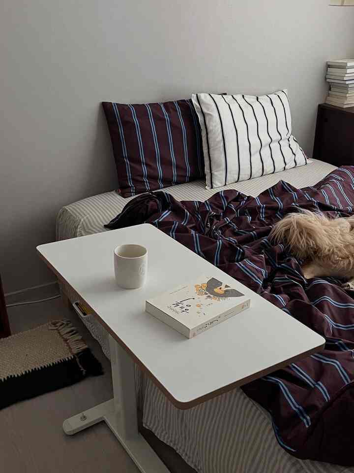 White-walled bedroom featuring brown striped bedding for two, with a white side table and a small pet dog on the bed creating a cozy atmosphere