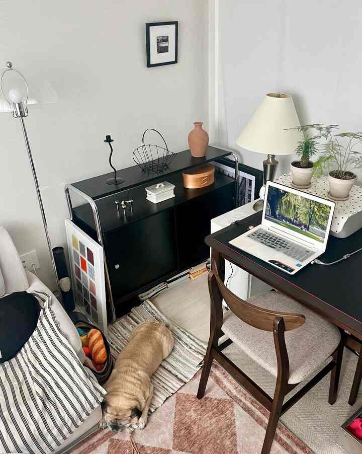 ナチュラルでモダンな色調のリビング兼ホームオフィス、犬と共に過ごす温かみのあるインテリア