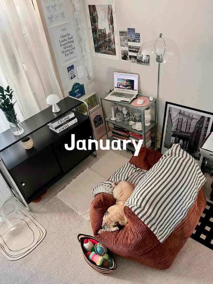 アイボリー色の壁とカーテンがあるリビング、ラストカラーのビーンバッグと黒い本棚が配置された雰囲気のある空間