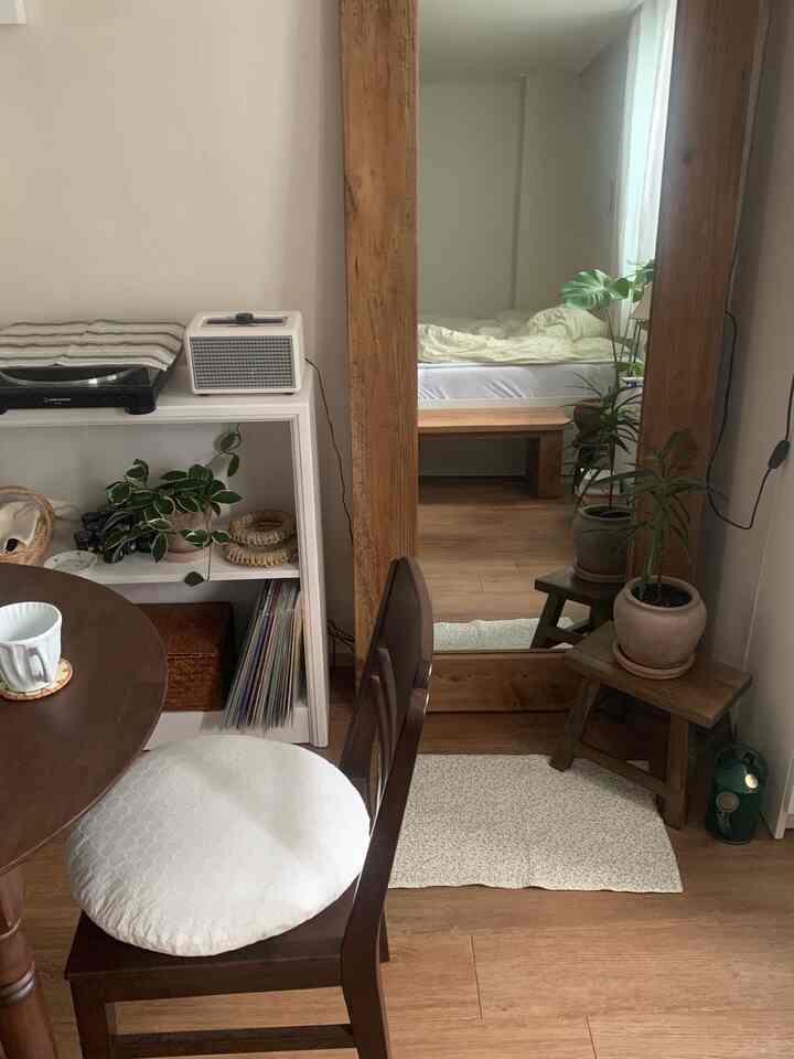 ナチュラルな木目調と白い壁のヴィンテージワンルーム、木製の大きな鏡とダイニングテーブル、植物が配置された落ち着いた雰囲気のインテリア
