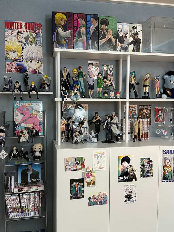 Blue wallpapered otaku room featuring white shelves filled with numerous anime figures and manga books in a neat display