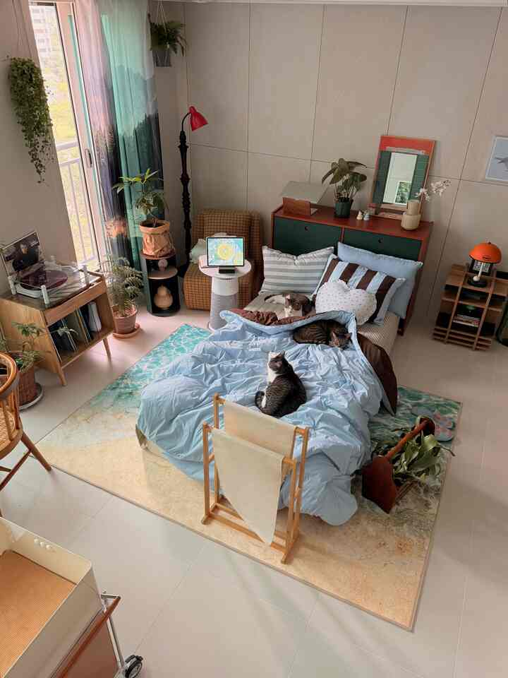 Blue and green toned bedroom featuring a bed with three cats centrally resting, modern furniture, and plants creating a cozy atmosphere
