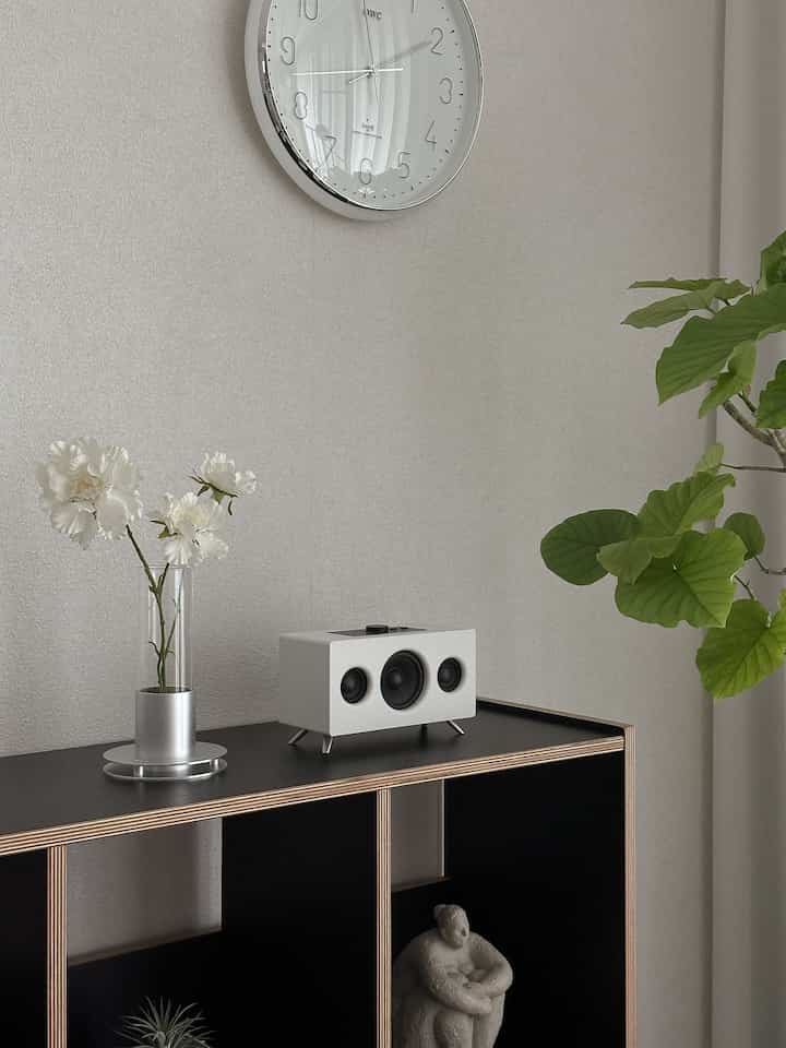 白と緑のナチュラルモダンなリビング、壁に時計、棚にスピーカーと花瓶、葉のある植物が配置されたシンプルなインテリア