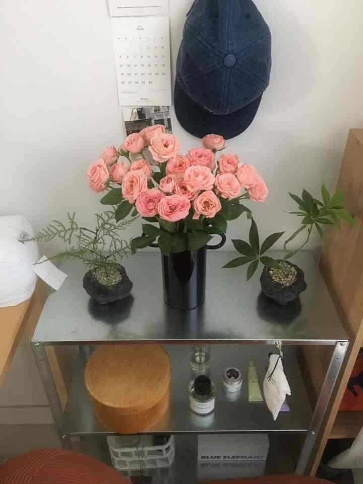 シルバーの金属製棚にピンクのバラの花束と2つの小さな鉢植えが置かれたナチュラルモダンなインテリア